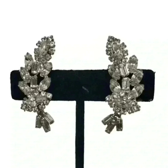 Earrings Rhinestone Climber Big Layered Leaf 3rd Eye Flower Vintage Statement - Picture 2 of 9